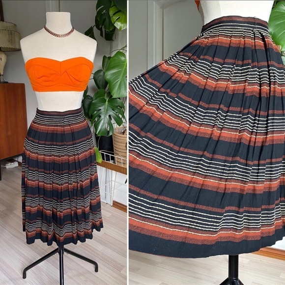 VTG. RARE 1950’s LILY MONTEZ HAND DETAILED STITCH EARTHY STRIPED BOHO MIDI SKIRT